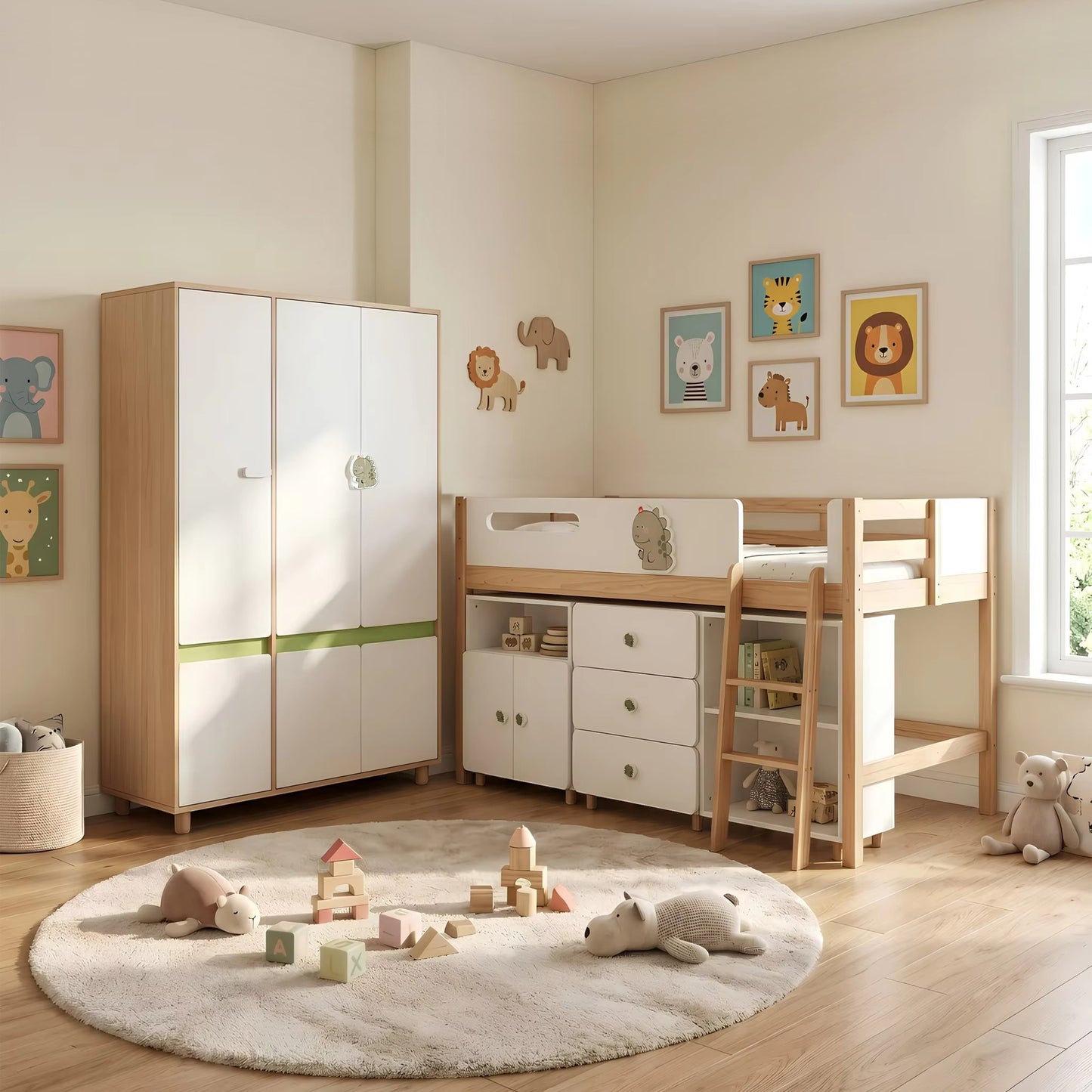 Детски Трикрилен Гардероб GINGER HOME DINO, с Рафтове, Лост за Закачалки и 6 Врати, Бяло, Зелено и Натурално Дърво, 120х60х180 см