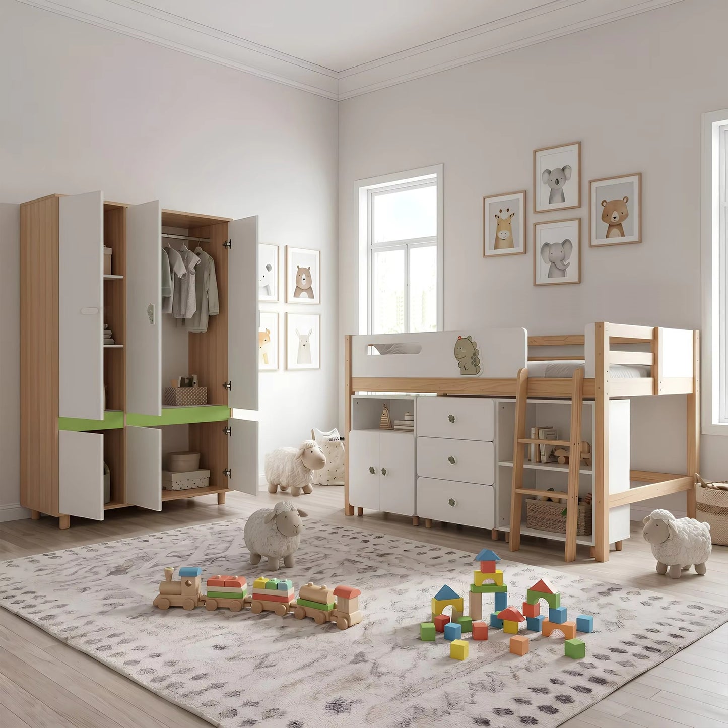Детски Трикрилен Гардероб GINGER HOME DINO, с Рафтове, Лост за Закачалки и 6 Врати, Бяло, Зелено и Натурално Дърво, 120х60х180 см