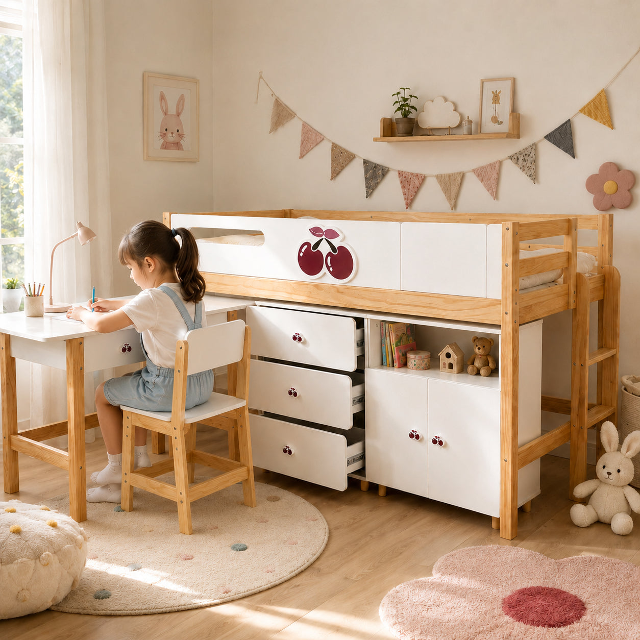 Детско комбинирано легло GINGER HOME CHERRY с бюро, скрин и рафтове за детска стая