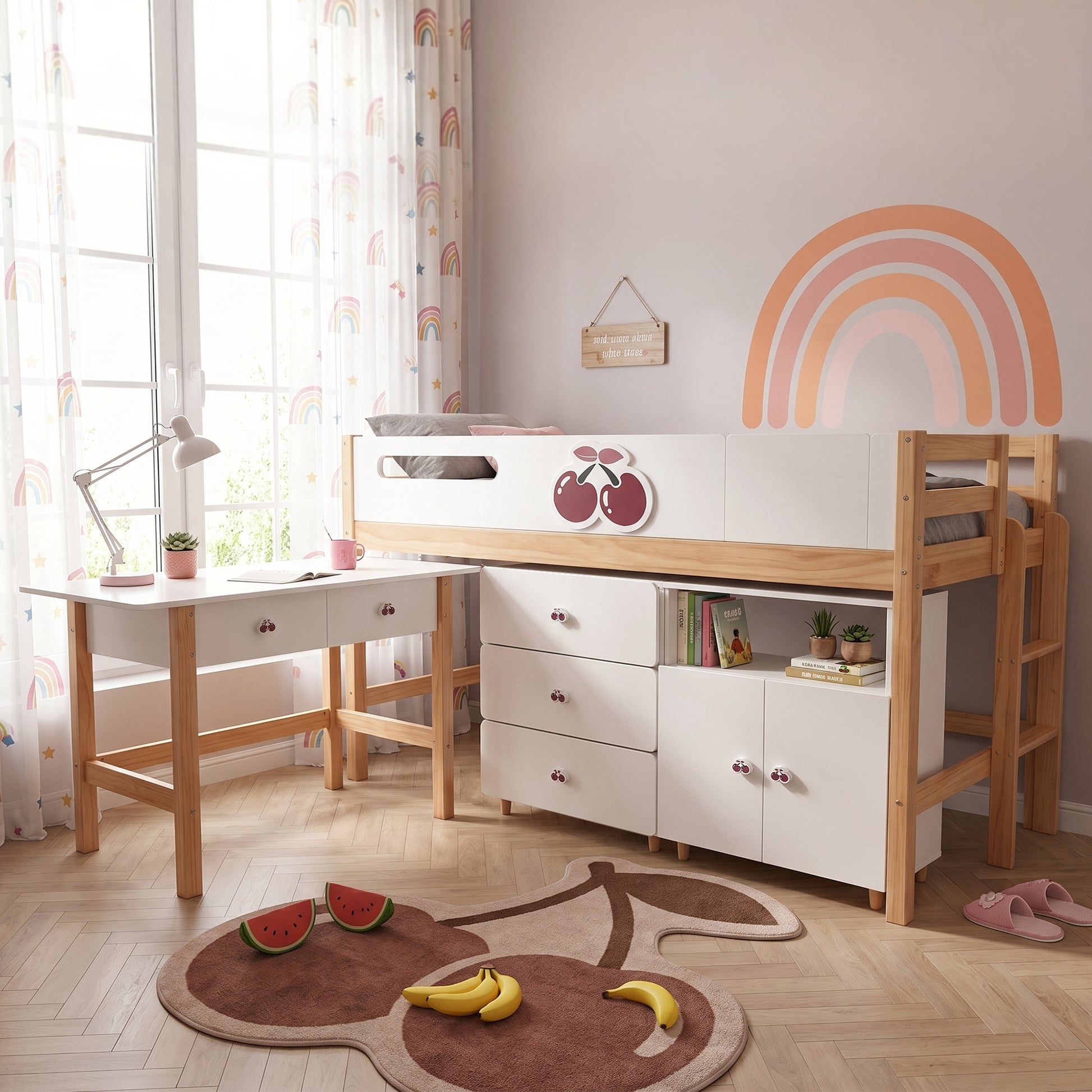 Детско легло GINGER HOME CHERRY с бюро, стълба и шкафове в интериор с розов декор