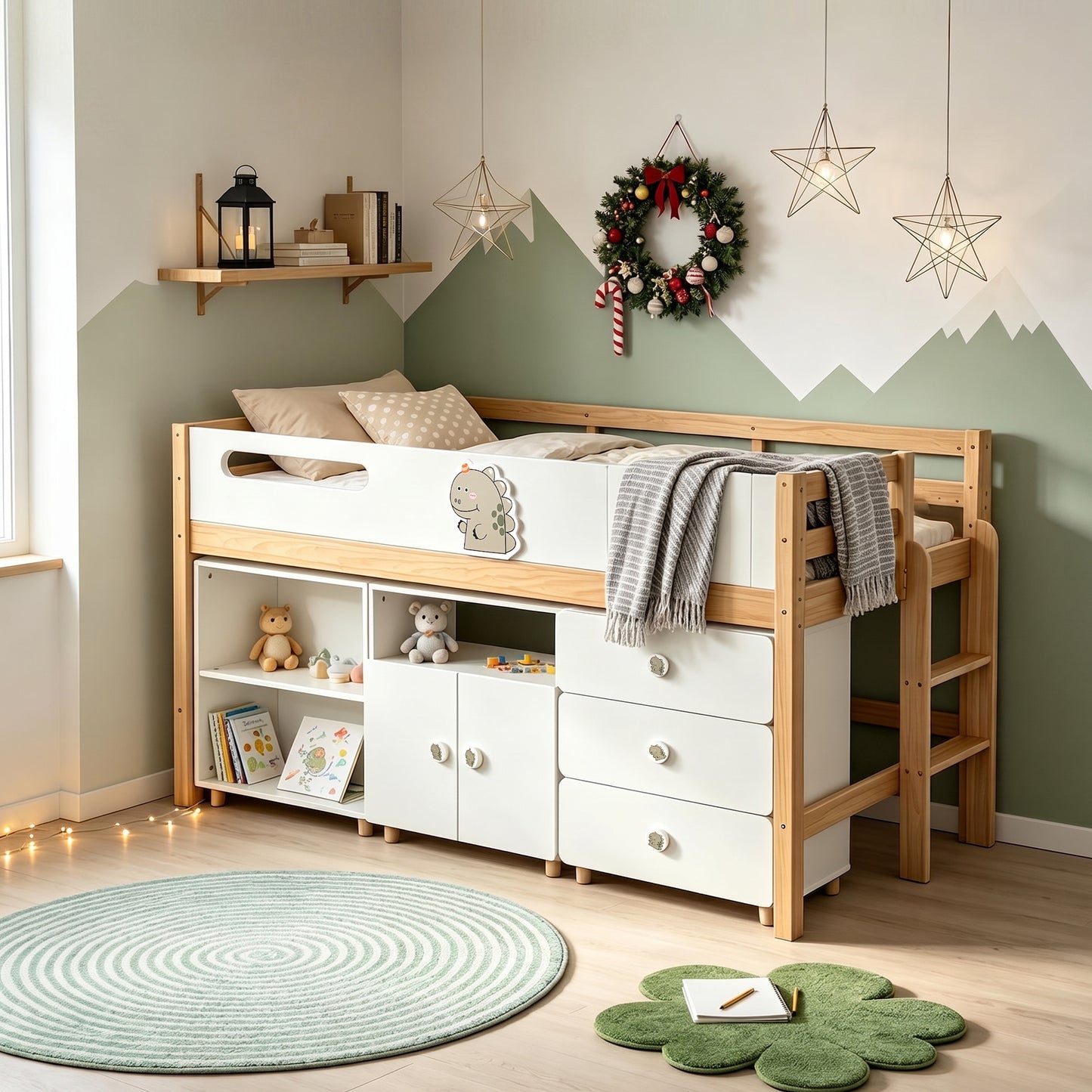 Детско легло с динозавър GINGER HOME, етажерки за книги, скрин и удобна стълба
