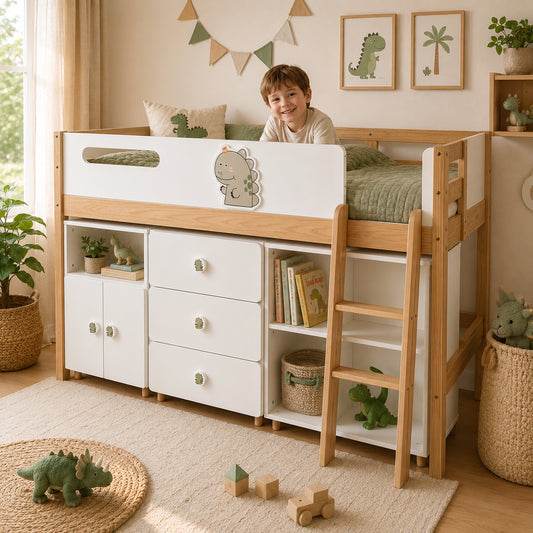 Детско комбинирано легло GINGER HOME DINOSAUR с етажерка, шкаф, скрин и удобна стълба в детска стая