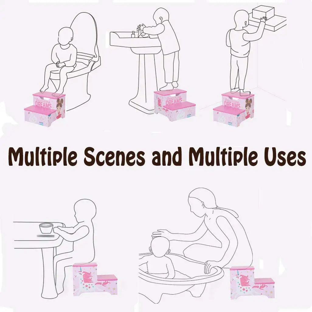 Детско Столче GINGER HOME, Дървено Стъпало на 2 Нива, Стълба за Детска Стая, розово, SUPER GIRL