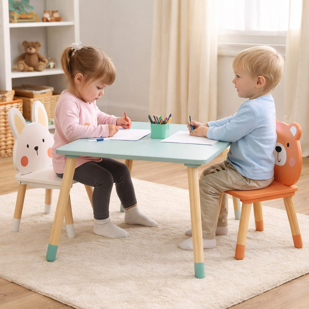 Комплектът детска дървена маса и столове GINGER HOME с две деца, които си играят на него