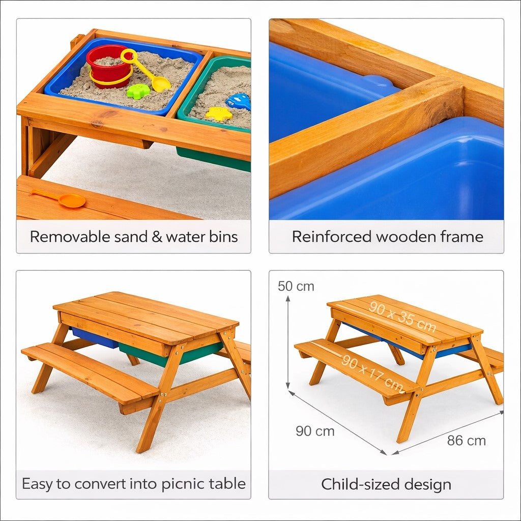 Функции на детска дървена маса с пейки и пясъчник GINGER HOME