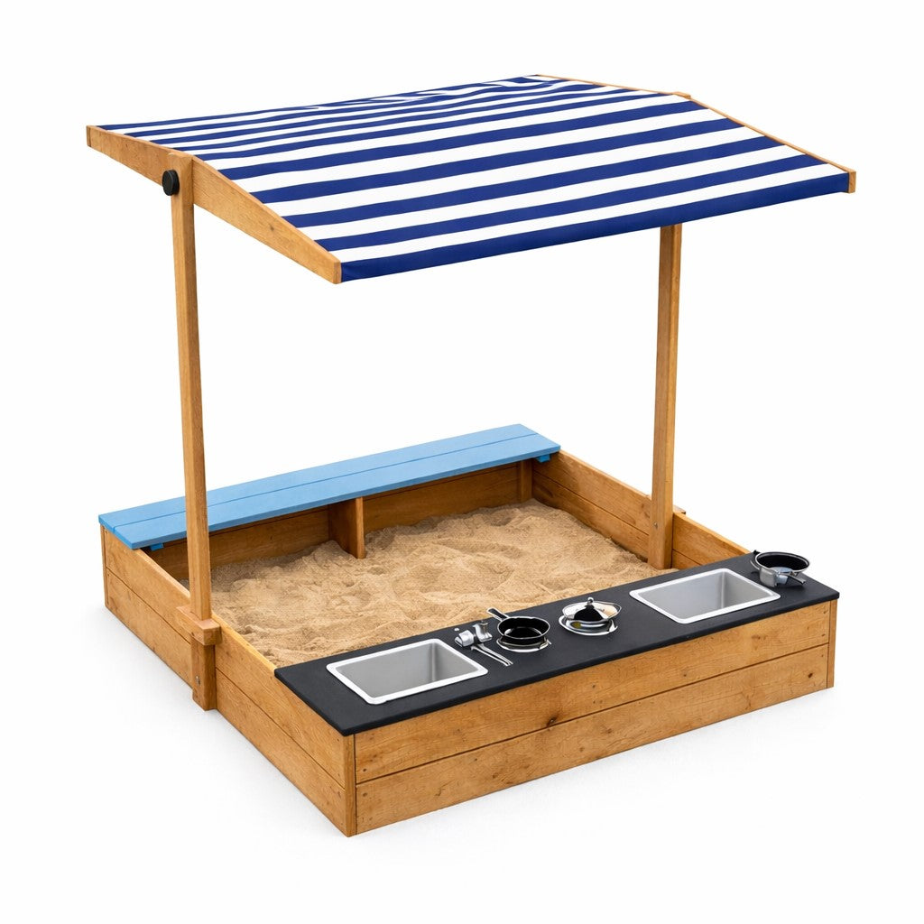 Детски дървен пясъчник 3в1 с кухня, пейка и сенник с UV защита GINGER HOME