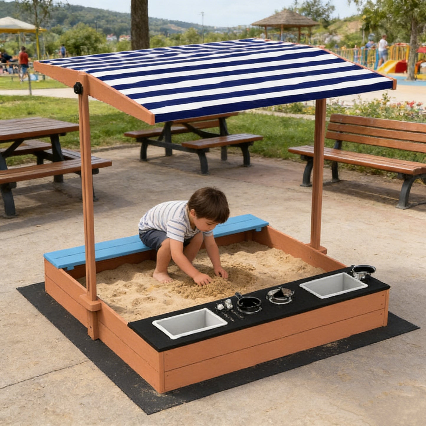 Детайли и текстура на дървен детски пясъчник GINGER HOME