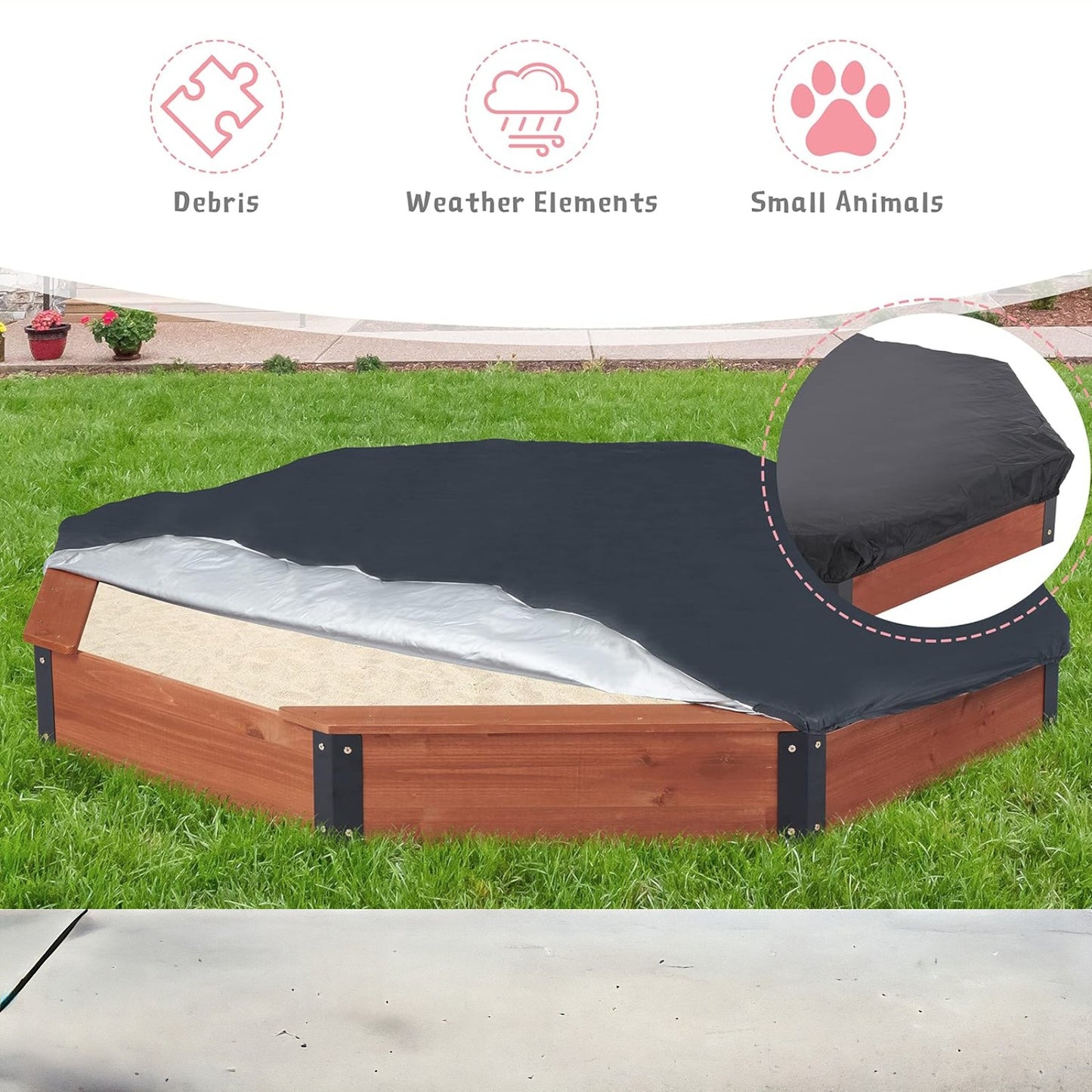 Осмоъгълен дървен пясъчник за деца с водоустойчиво покривало