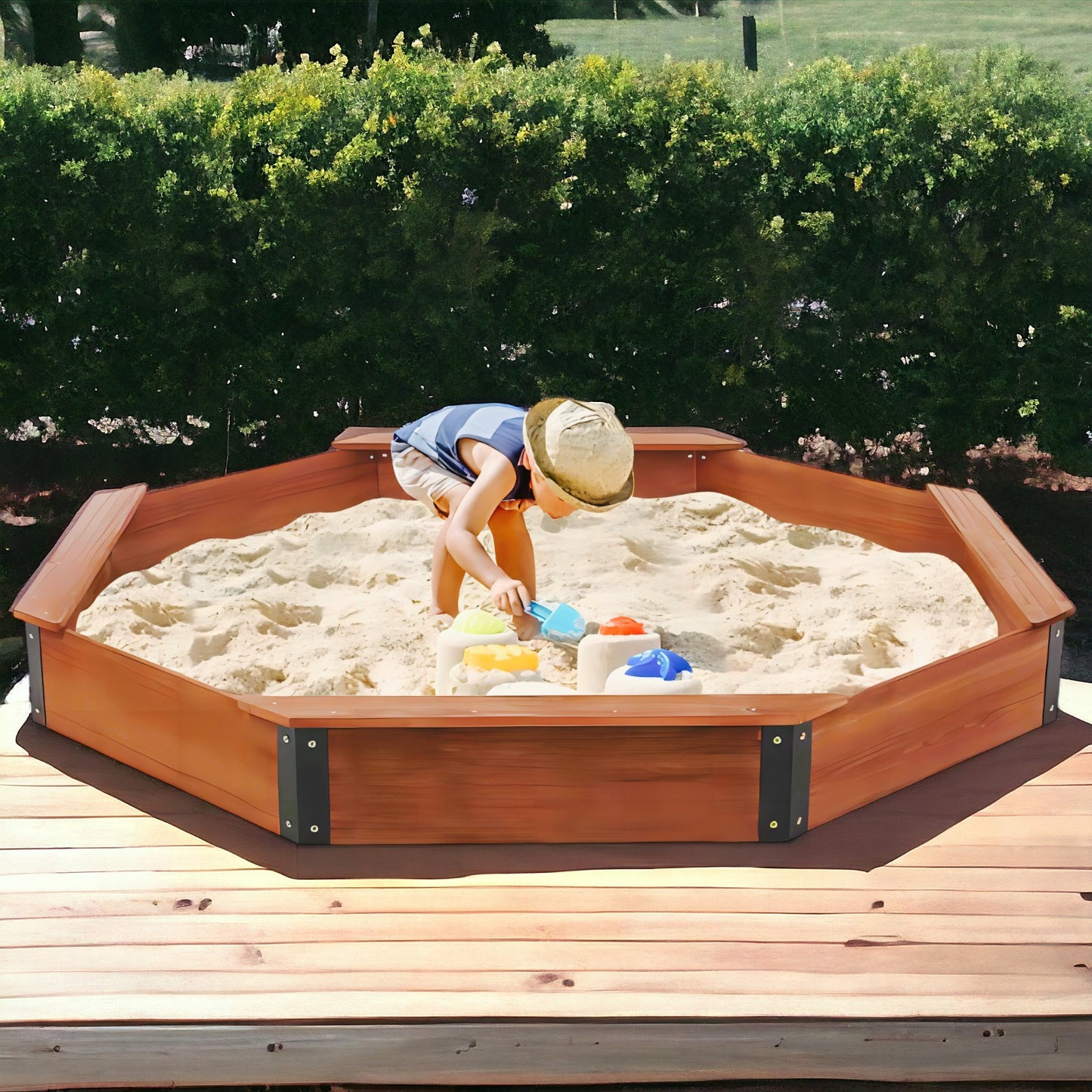Grande sabbiera per bambini GINGER HOME, OTTAGONO in legno, copertura impermeabile, 199x199x23 cm.
