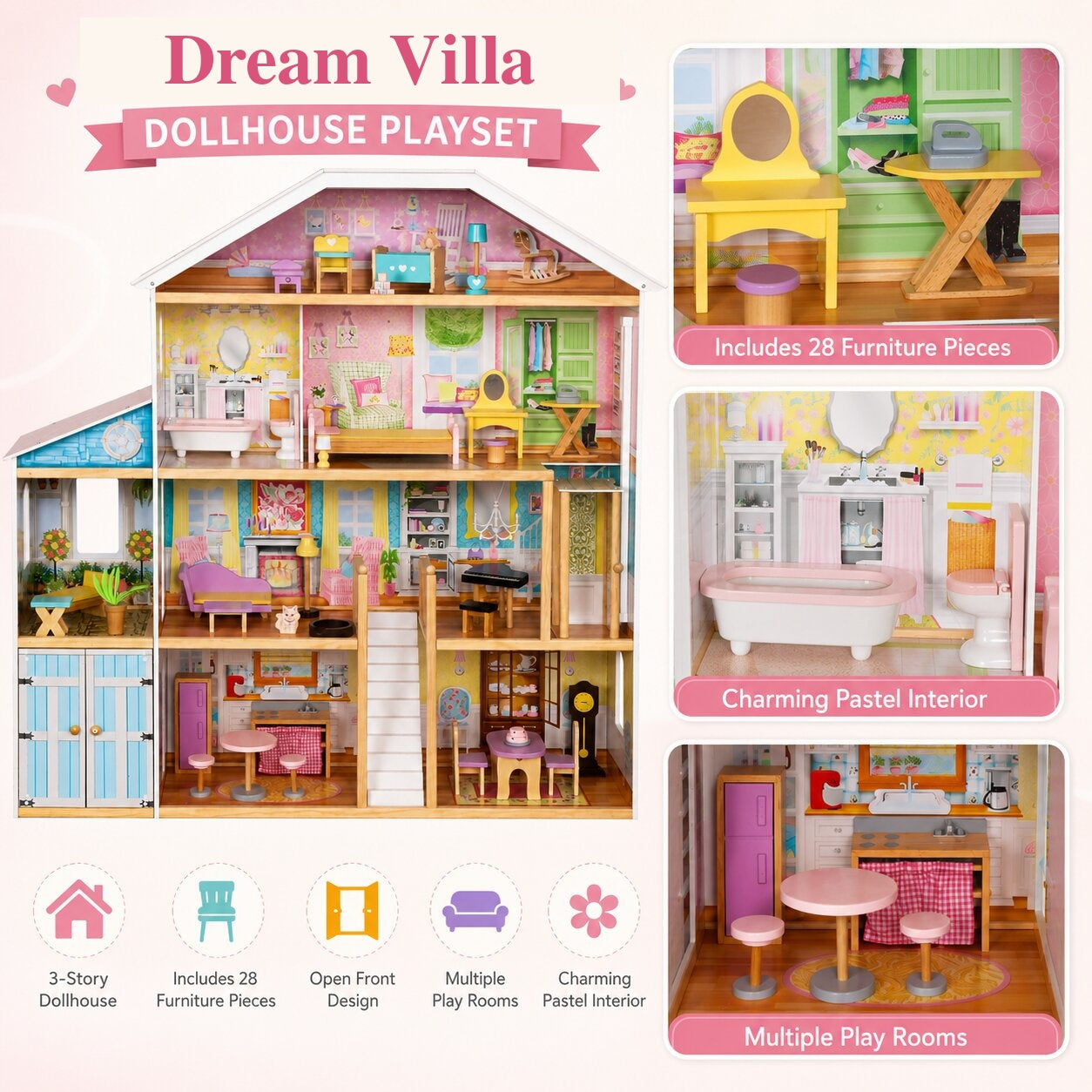 Инфографика на GINGER HOME Grand Villa Dollhouse Playset с 28 мебели, пастелен интериор, обзаведени стаи и отворен дизайн
