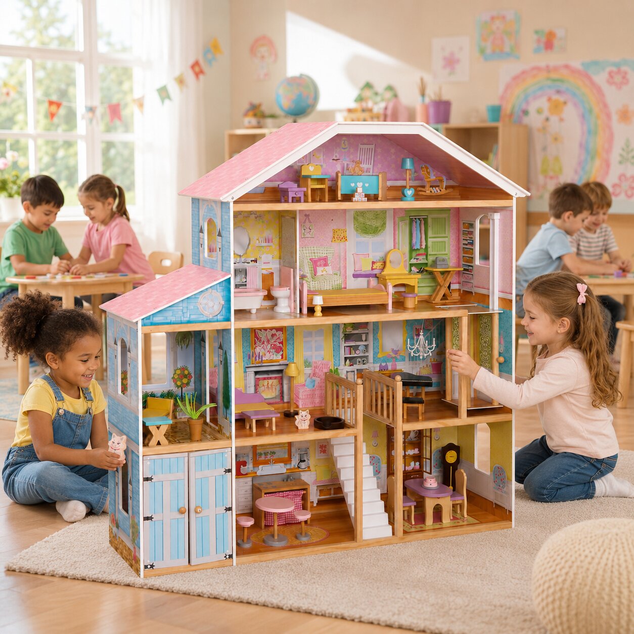 Деца играят с голяма детска дървена къща за кукли GINGER HOME Grand Villa с обзаведени стаи и аксесоари