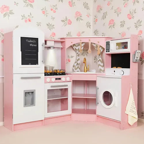 Голяма розово-бяла детска дървена кухня GINGER HOME в интериор с прозорец, завеси, хладилник, микровълнова, пералня и аксесоари