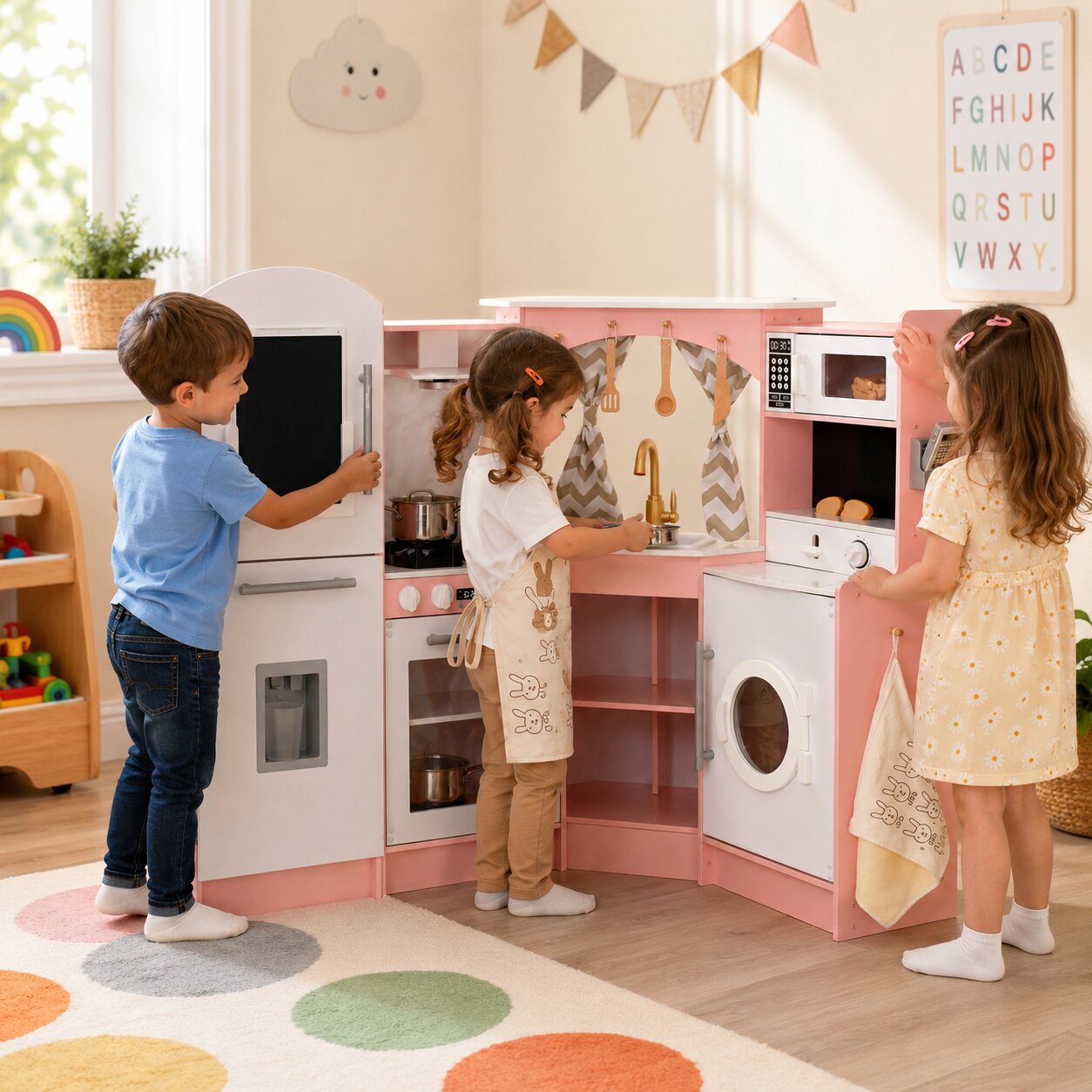 Деца играят с ъглова детска дървена кухня GINGER HOME с мивка, хладилник, микровълнова, пералня, прозорец и завеси