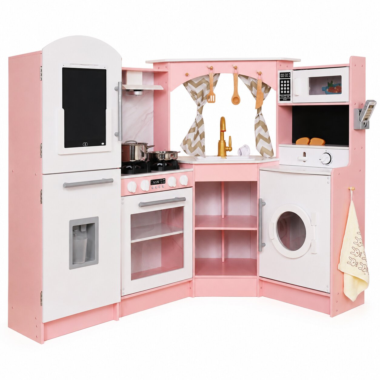 Голяма детска дървена кухня GINGER HOME W10C933J, ъглова розово-бяла кухня с хладилник, мивка, микровълнова, пералня, прозорец и аксесоари