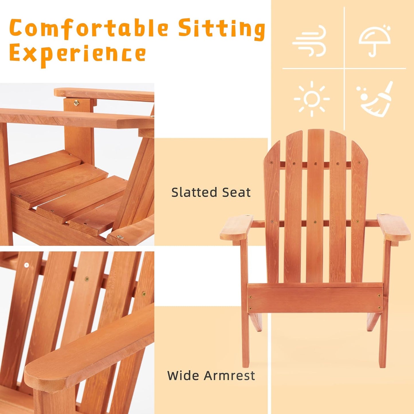 Sedia per bambini GINGER HOME, chaise longue Adirondack, relax in giardino, cortile, balcone, terrazza, campeggio e spiaggia, in legno