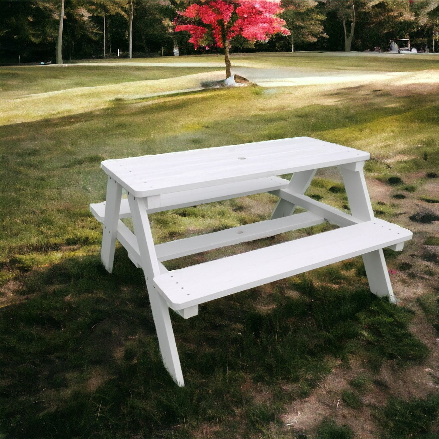 GINGER HOME Set da giardino, tavolo da picnic per bambini, ombrellone anti-UV 30+, in legno, giochi da esterno, bianco, 89x79x50 cm.