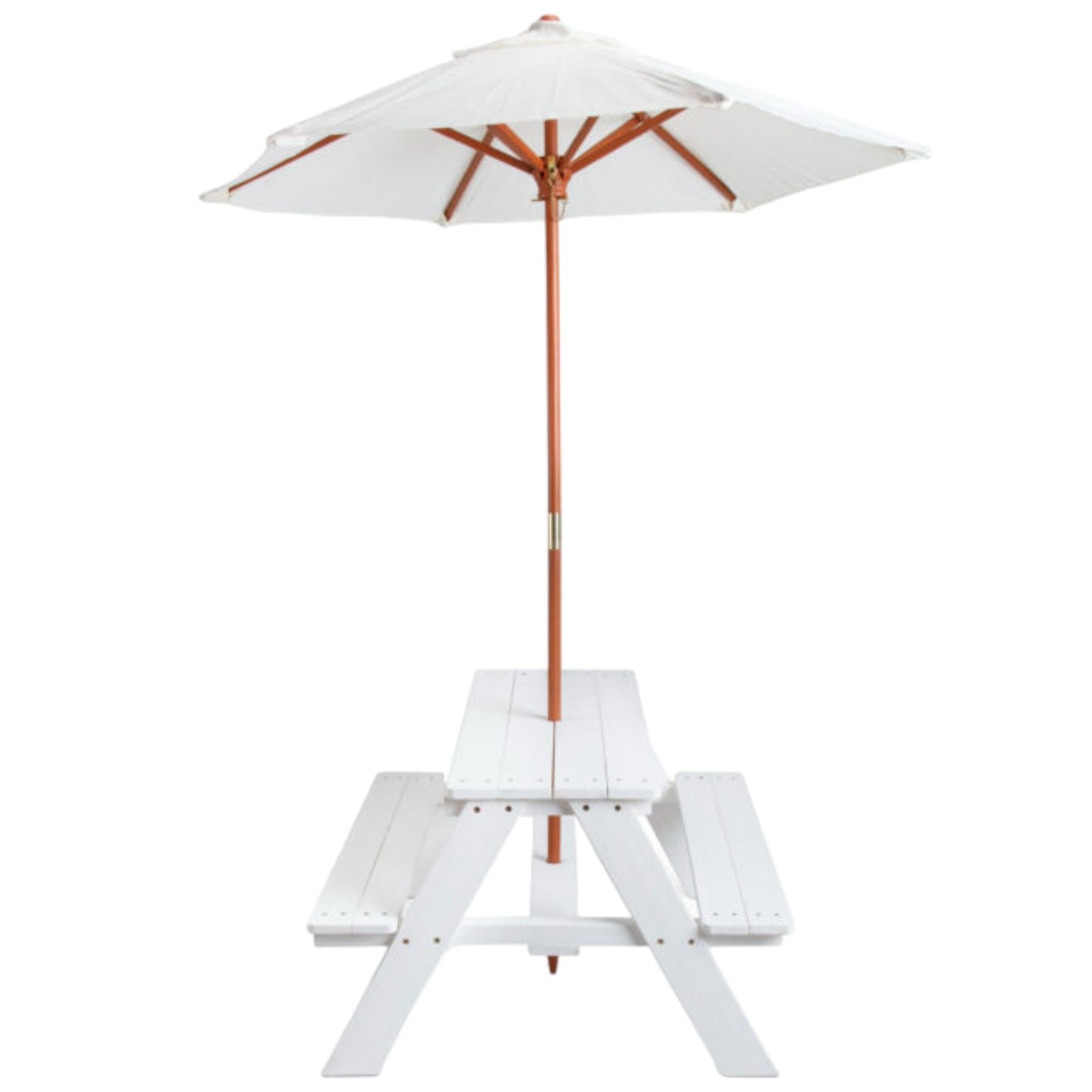 GINGER HOME Set da giardino, tavolo da picnic per bambini, ombrellone anti-UV 30+, in legno, giochi da esterno, bianco, 89x79x50 cm.