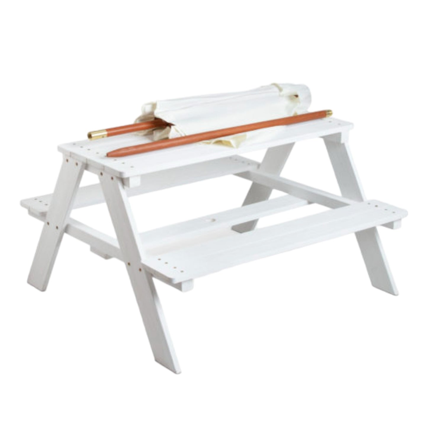 GINGER HOME Set da giardino, tavolo da picnic per bambini, ombrellone anti-UV 30+, in legno, giochi da esterno, bianco, 89x79x50 cm.