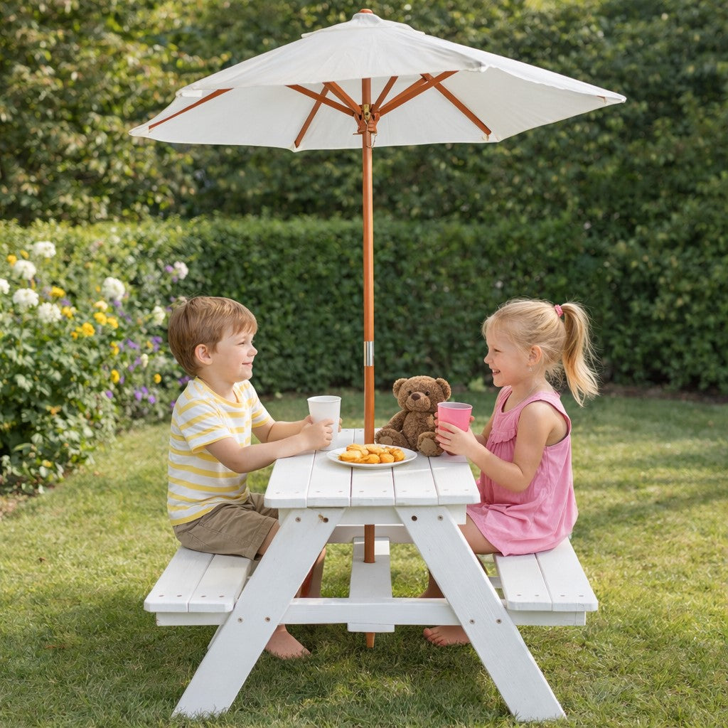 GINGER HOME Set da giardino, tavolo da picnic per bambini, ombrellone anti-UV 30+, in legno, giochi da esterno, bianco, 89x79x50 cm.