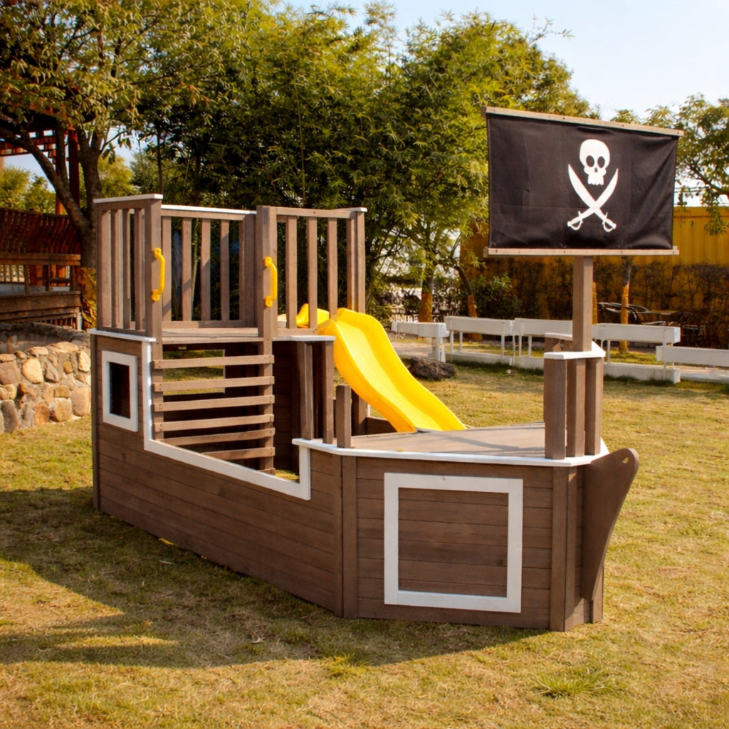 Детска Дървена Катерушка Пиратски Кораб с Пързалка и Пясъчник GINGER HOME – За Двор и Градина, 310×320×180 см