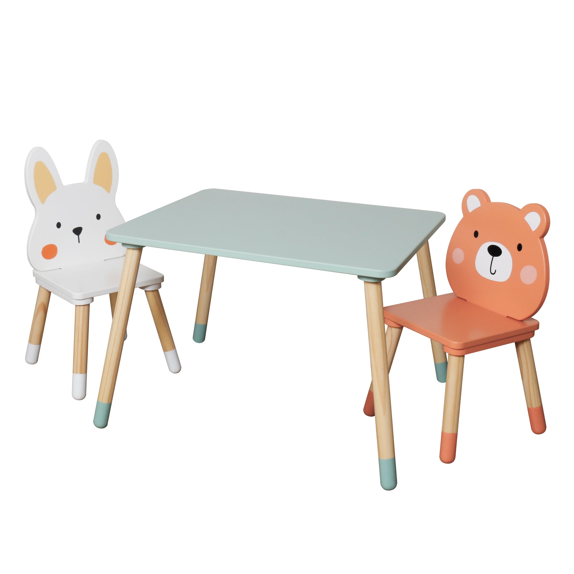 Страничен изглед на комплекта детска дървена маса и два стола GINGER HOME.