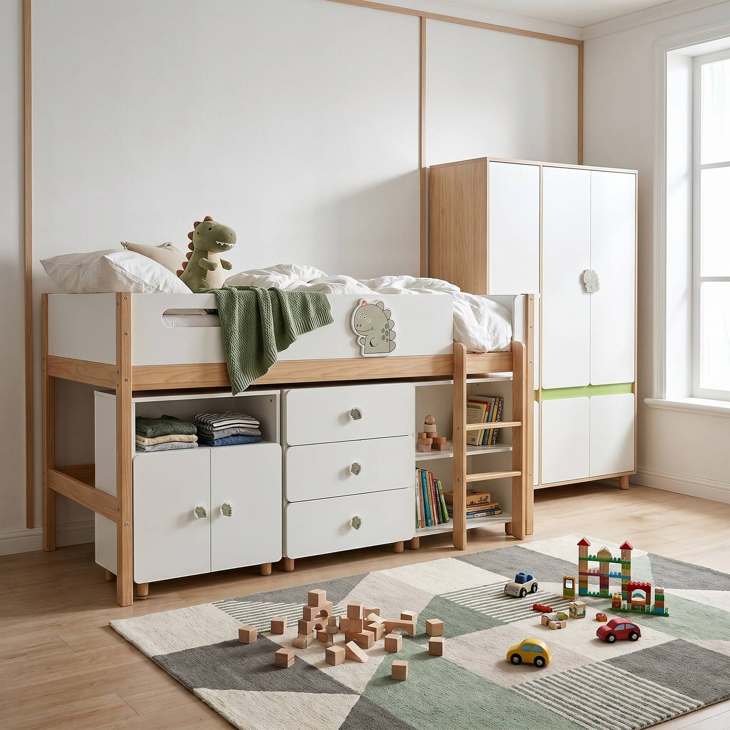 Комплект Мебели за Детска Стая GINGER HOME DINO с Комбинирано Легло 90x200 см, Гардероб, Шкафове, Скрин, Етажерка и Подматрачна Рамка, Бяло, Зелено и Натурално Дърво
