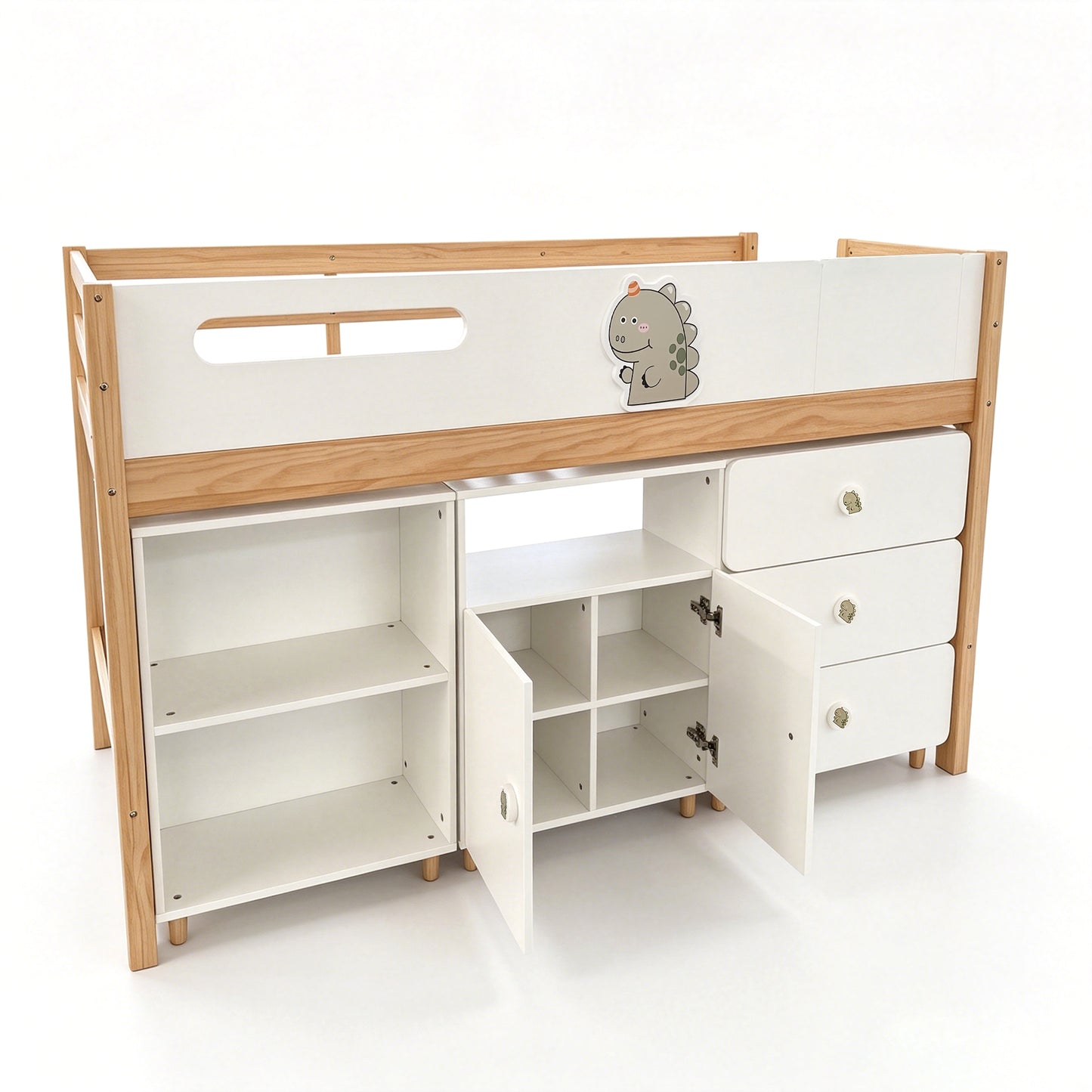 Комплект Мебели за Детска Стая GINGER HOME DINO с Комбинирано Легло 90x200 см, Гардероб, Шкафове, Скрин, Етажерка и Подматрачна Рамка, Бяло, Зелено и Натурално Дърво