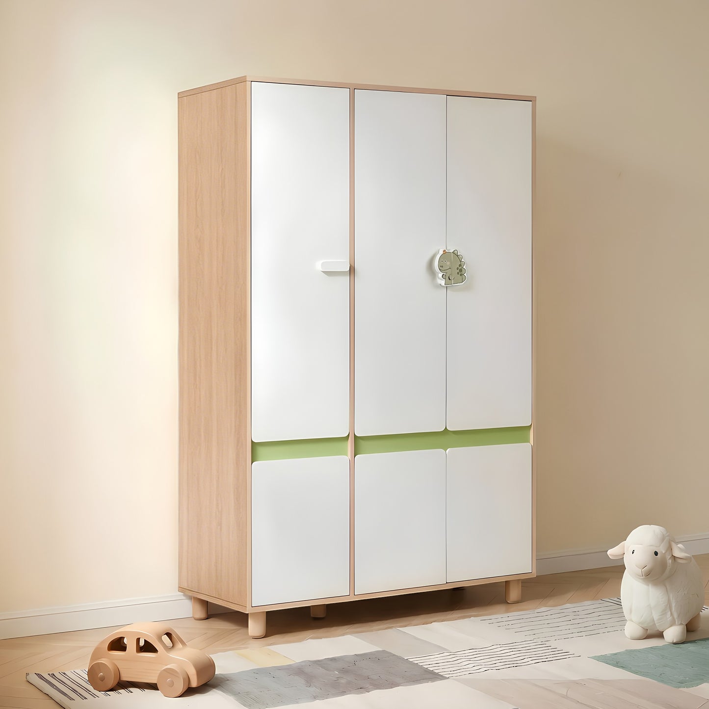 Комплект Мебели за Детска Стая GINGER HOME DINO с Комбинирано Легло 90x200 см, Гардероб, Шкафове, Скрин, Етажерка и Подматрачна Рамка, Бяло, Зелено и Натурално Дърво