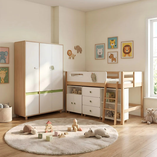 SR-D Комплект мебели за детска стая GINGER HOME DINO с детско легло 90x200 см, трикрилен гардероб, шкафове и скрин в бяло, зелено и натурално дърво