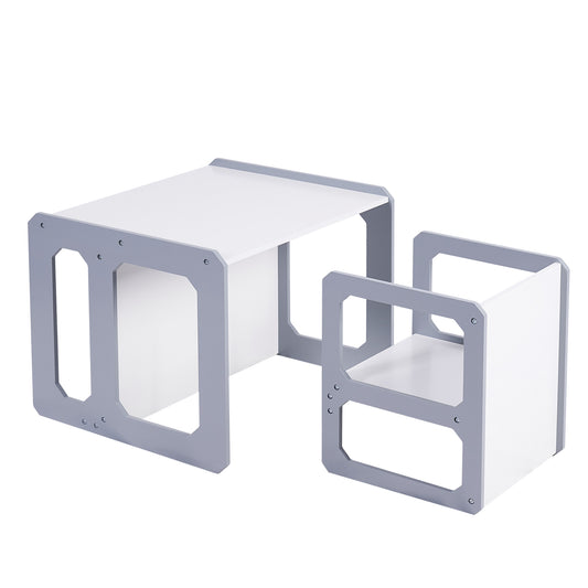 Tavolo e sedia per bambini Montessori GINGER HOME, set in legno 3 in 1, bianco e grigio