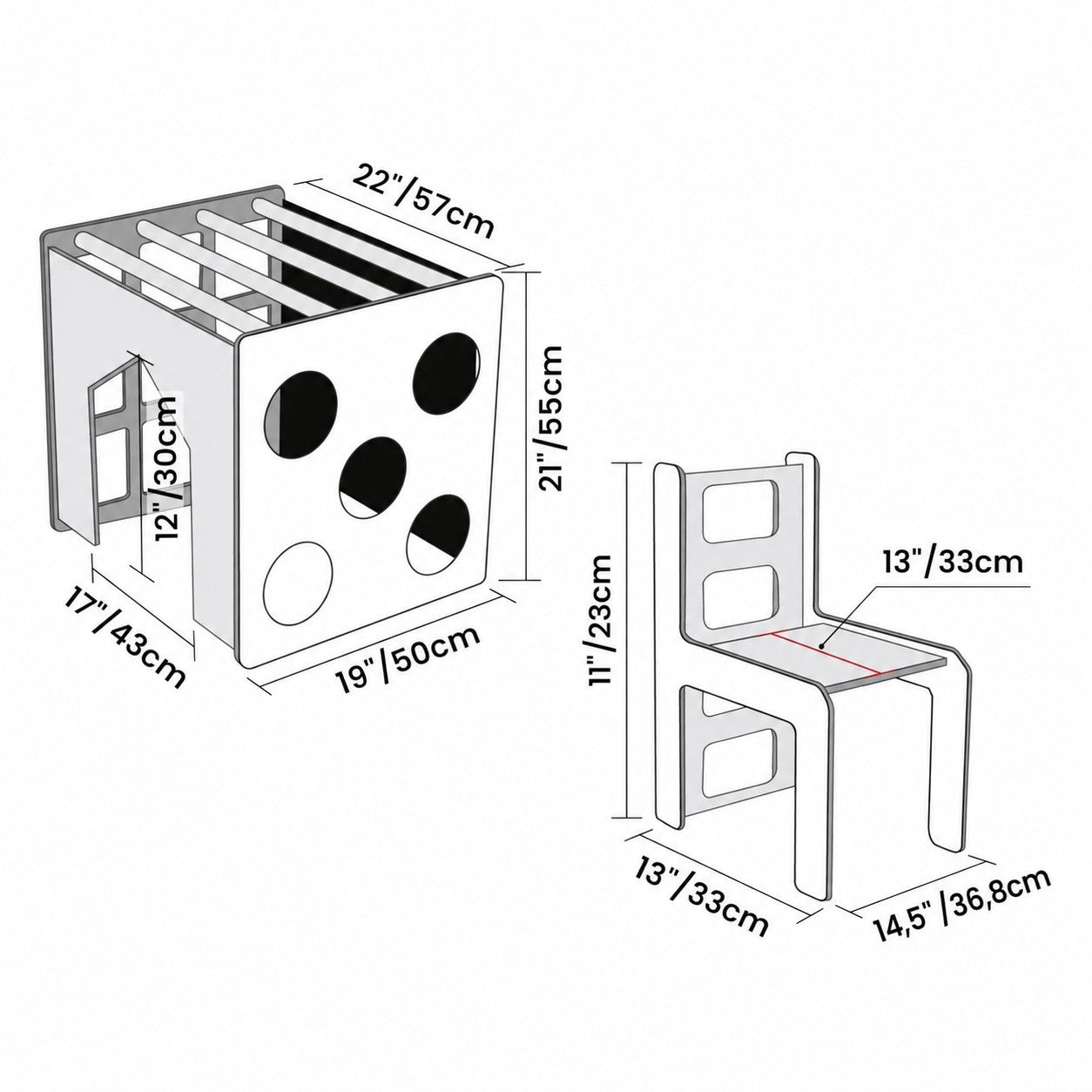Размери на Монтесори комплект 2 в 1 GINGER HOME куб 57x50x55 см и столче 33x36.8x28 см