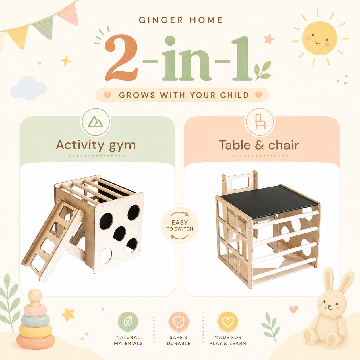 Монтесори комплект GINGER HOME 2 в 1 активна маса за игра и катерушка куб за деца