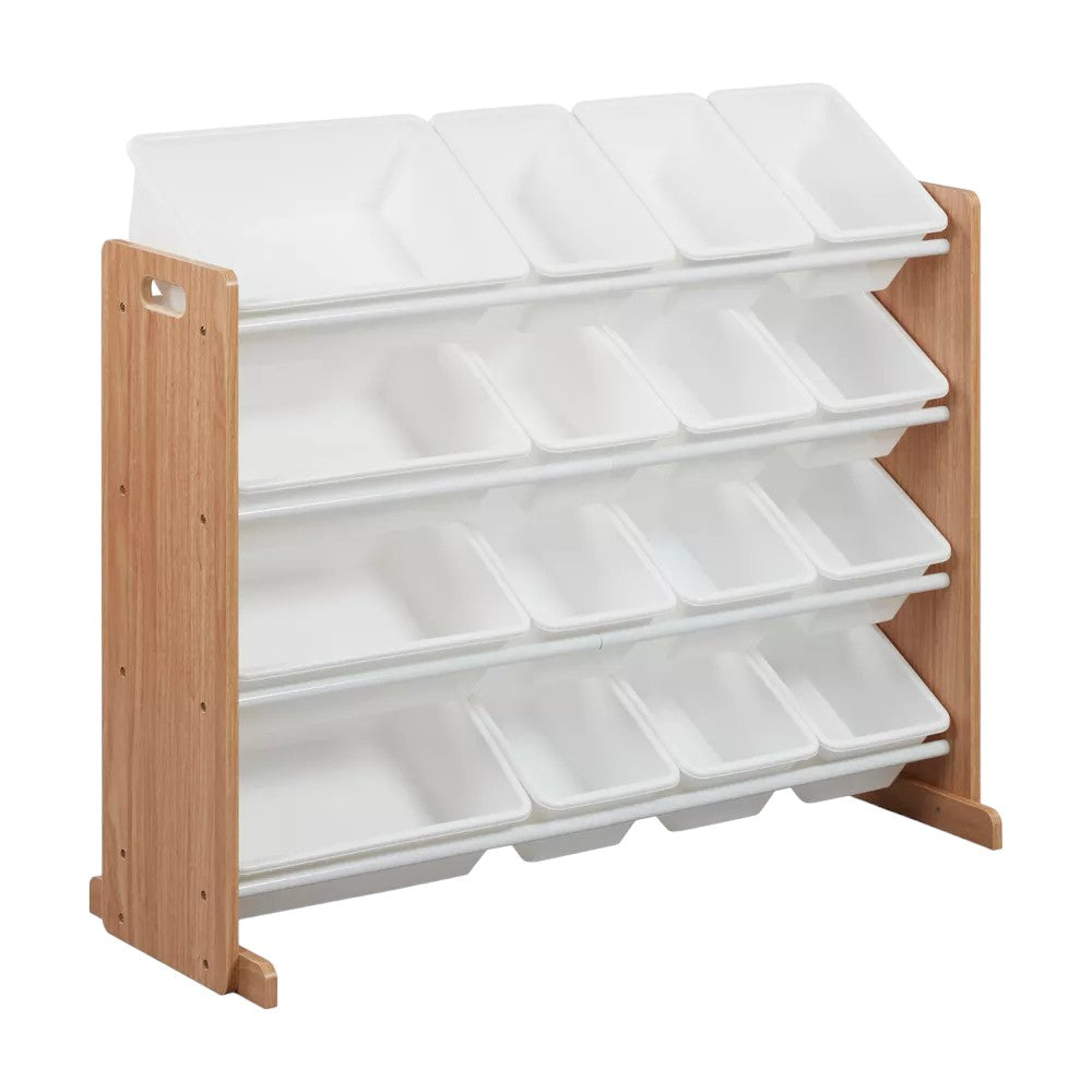 Wooden toy organizer on 4 levels with 16 storage boxes - WOOD/WHITE