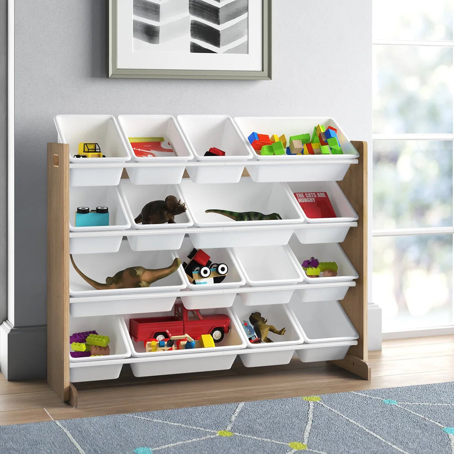 Wooden toy organizer on 4 levels with 16 storage boxes - WOOD/WHITE