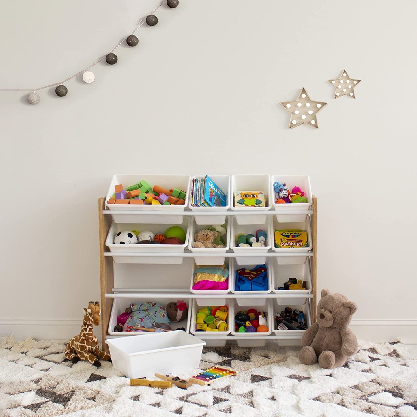 Wooden toy organizer on 4 levels with 16 storage boxes - WOOD/WHITE