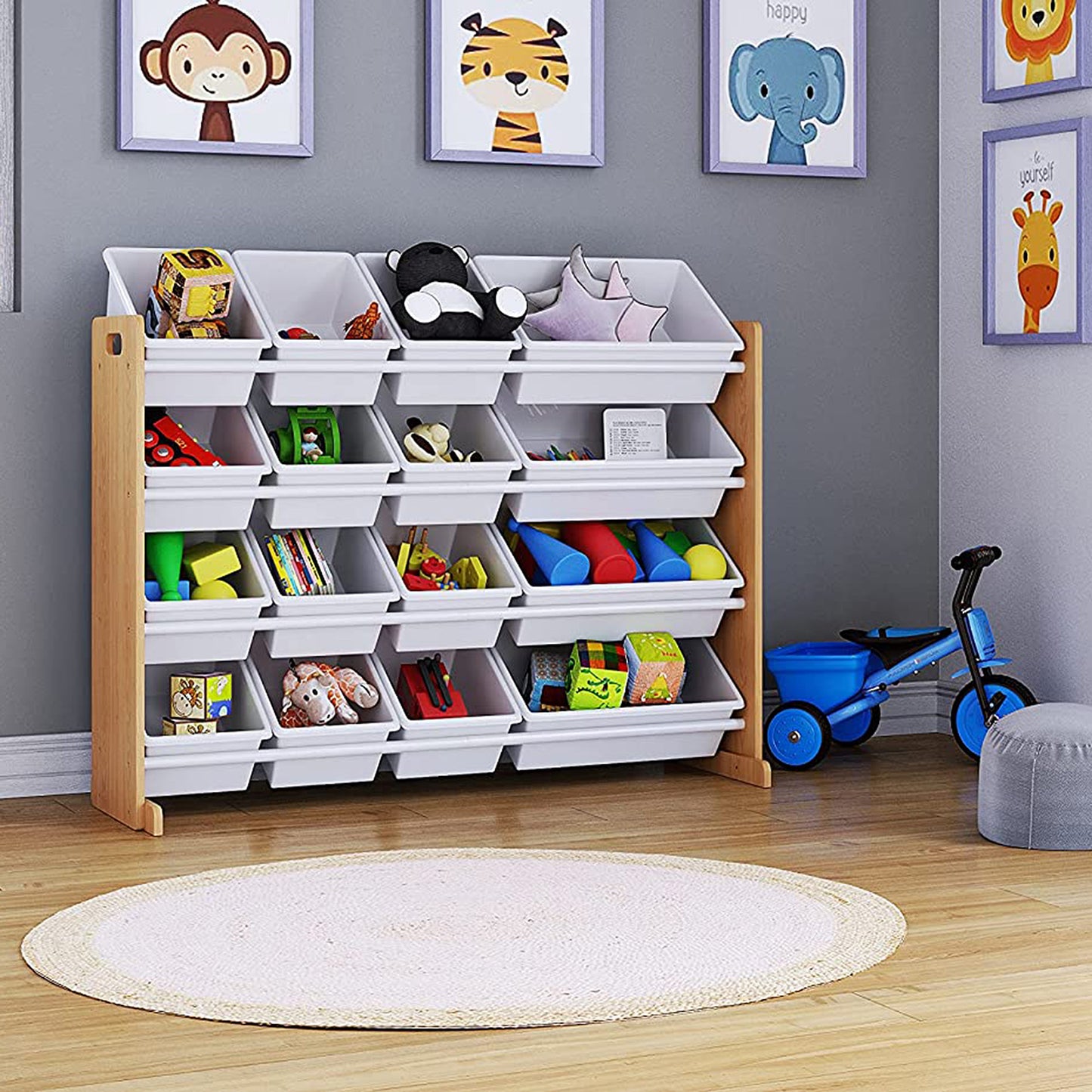 Wooden toy organizer on 4 levels with 16 storage boxes - WOOD/WHITE