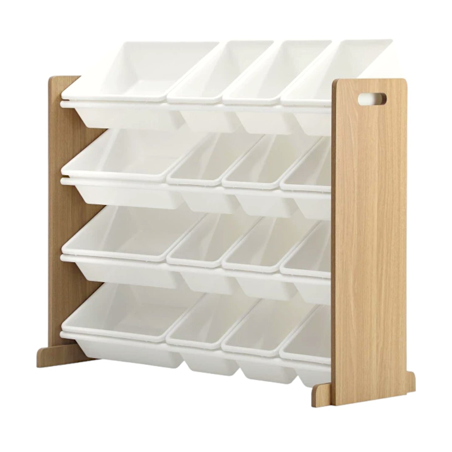 Wooden toy organizer on 4 levels with 16 storage boxes - WOOD/WHITE