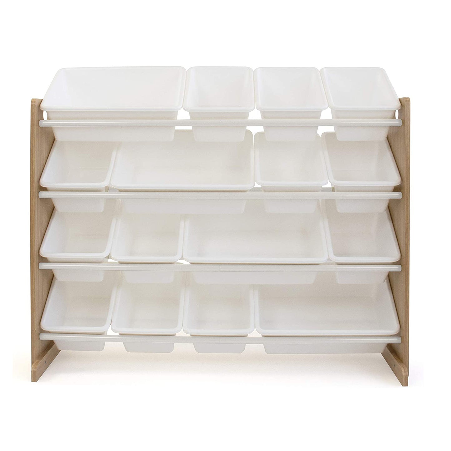 Wooden toy organizer on 4 levels with 16 storage boxes - WOOD/WHITE