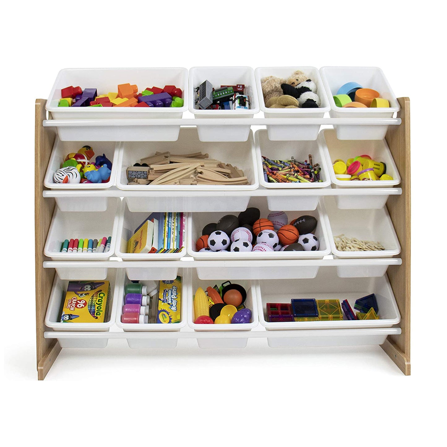 Wooden toy organizer on 4 levels with 16 storage boxes - WOOD/WHITE