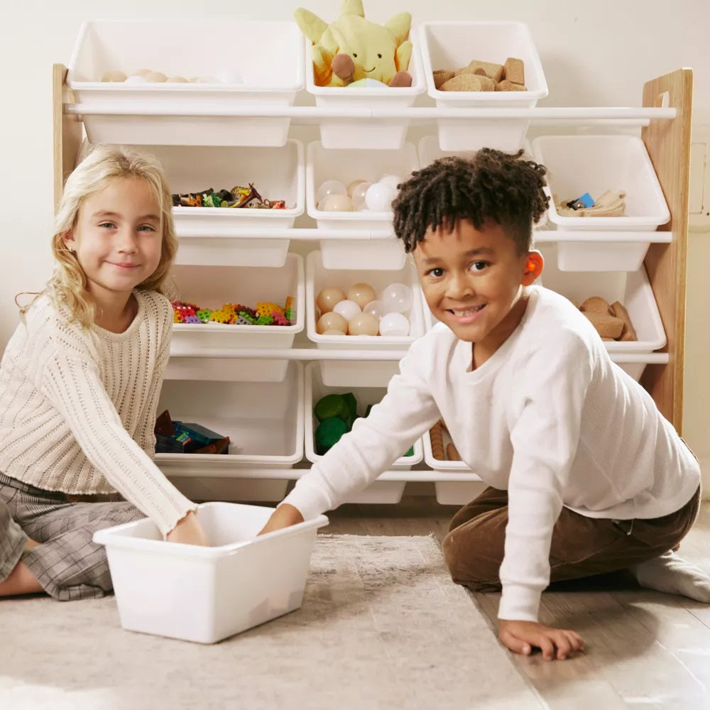 Wooden toy organizer on 4 levels with 16 storage boxes - WOOD/WHITE