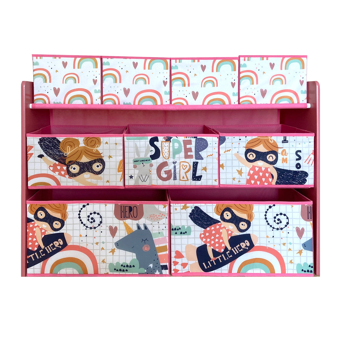 Wooden toy organizer on 3 levels with 9 textile baskets for storage - SUPER GIRL