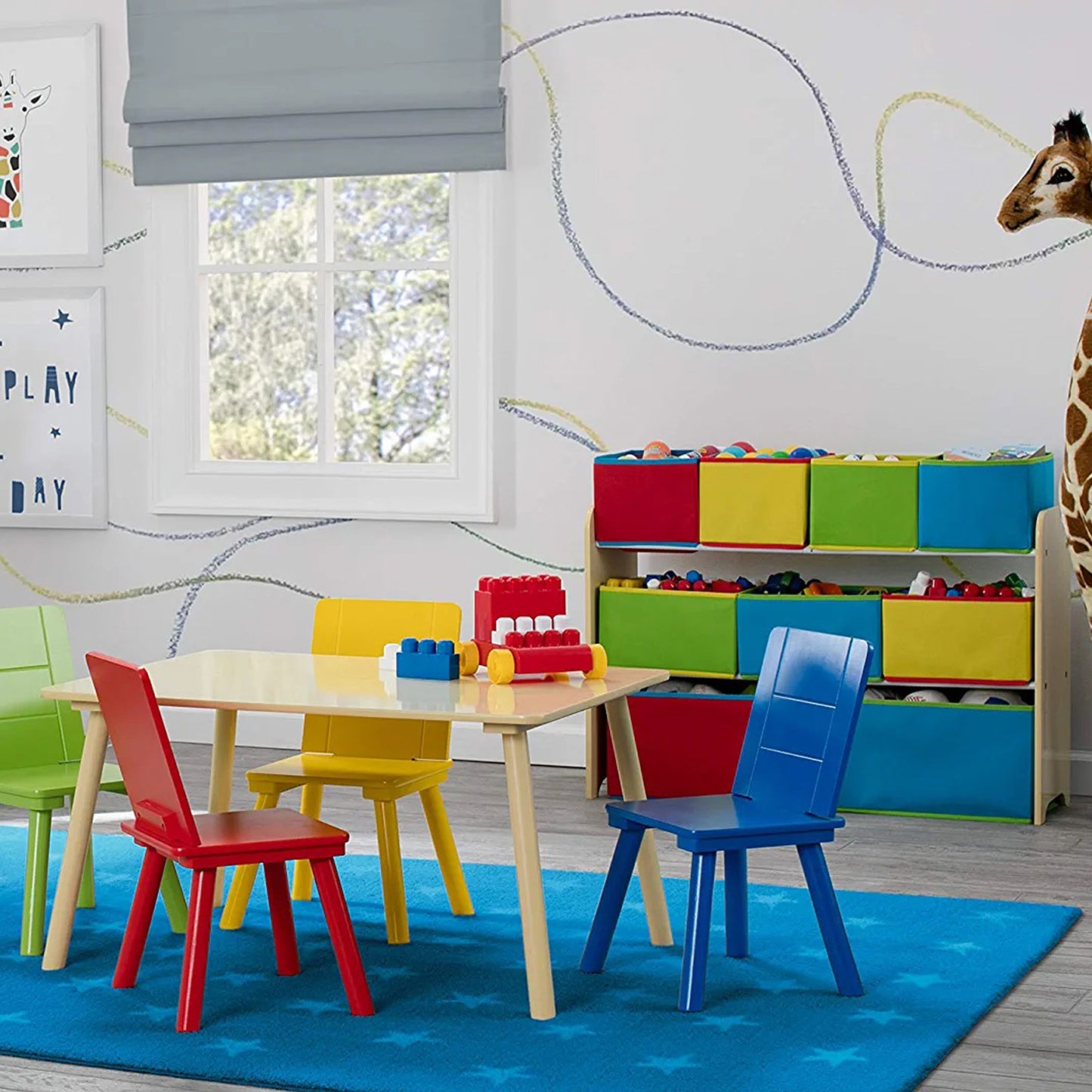 Children's wooden toy organizer on 3 levels with 9 storage boxes - COLOR