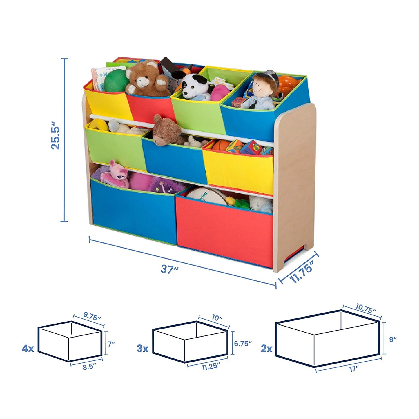 Children's wooden toy organizer on 3 levels with 9 storage boxes - COLOR