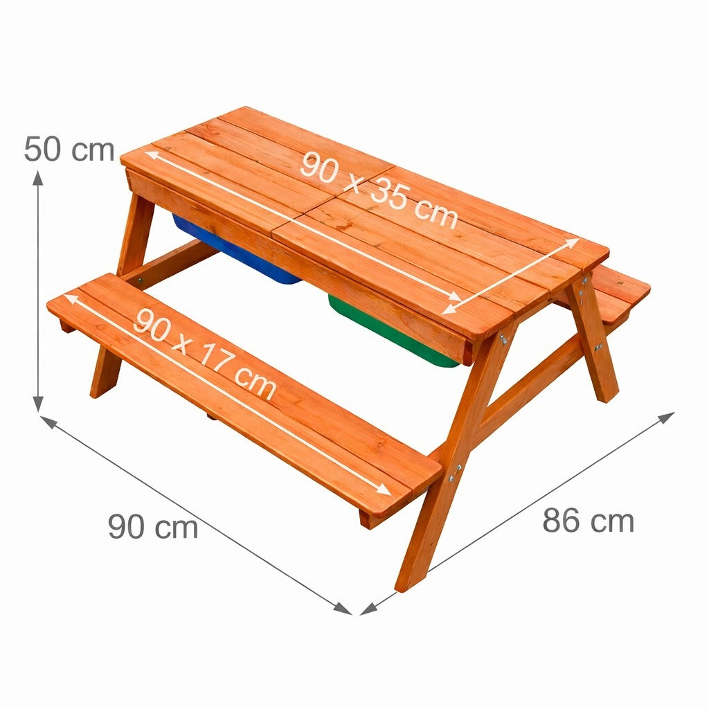 Размери на детска дървена маса с пейки и пясъчник 90 x 86 x 50 см