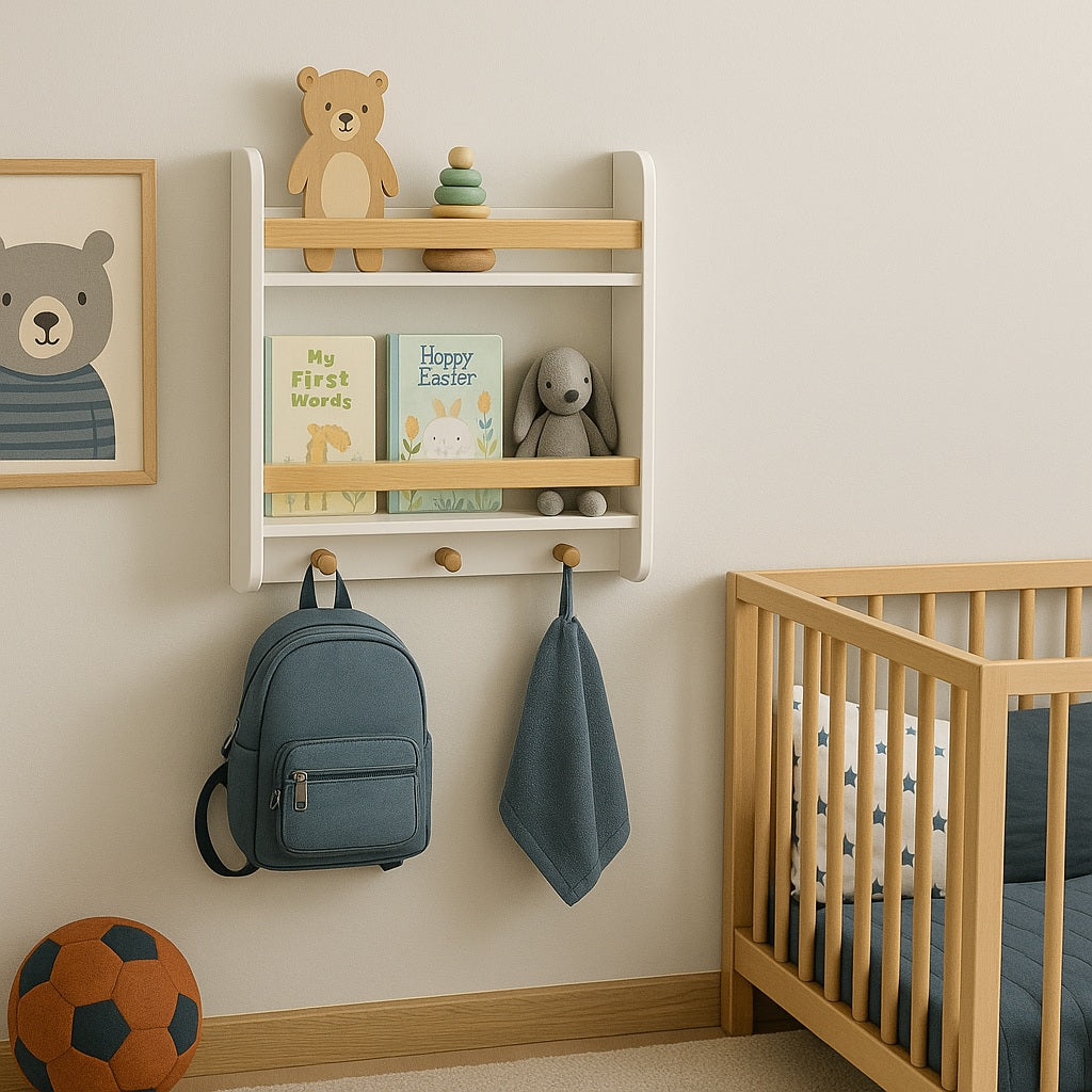 Стенна Детска Етажерка GINGER HOME – Бяла, с Рафтове и Закачалки