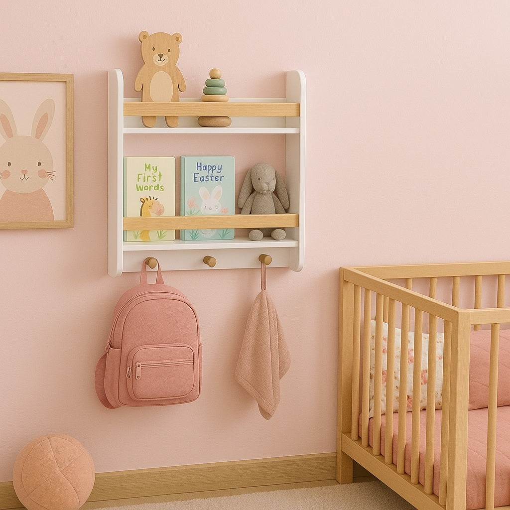 Стенна Детска Етажерка GINGER HOME – Бяла, с Рафтове и Закачалки