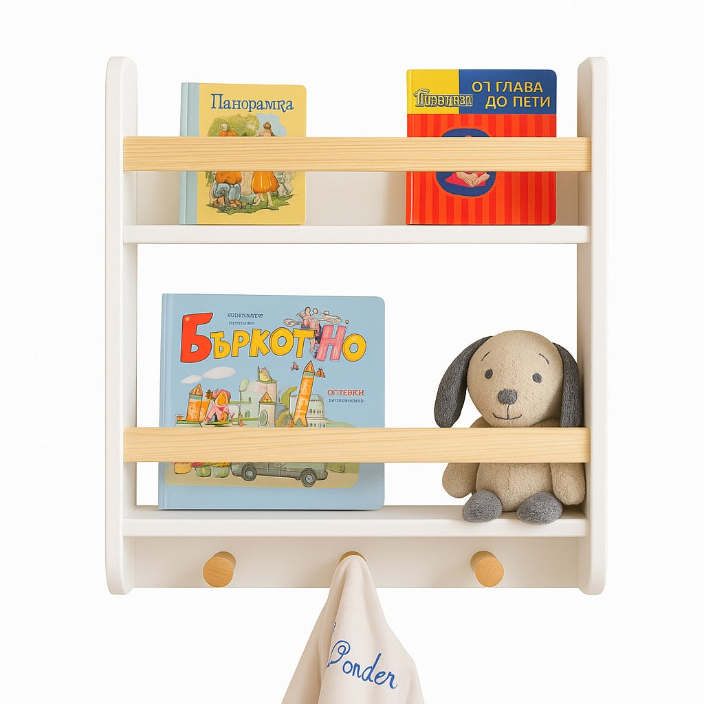 Стенна Детска Етажерка GINGER HOME – Бяла, с Рафтове и Закачалки