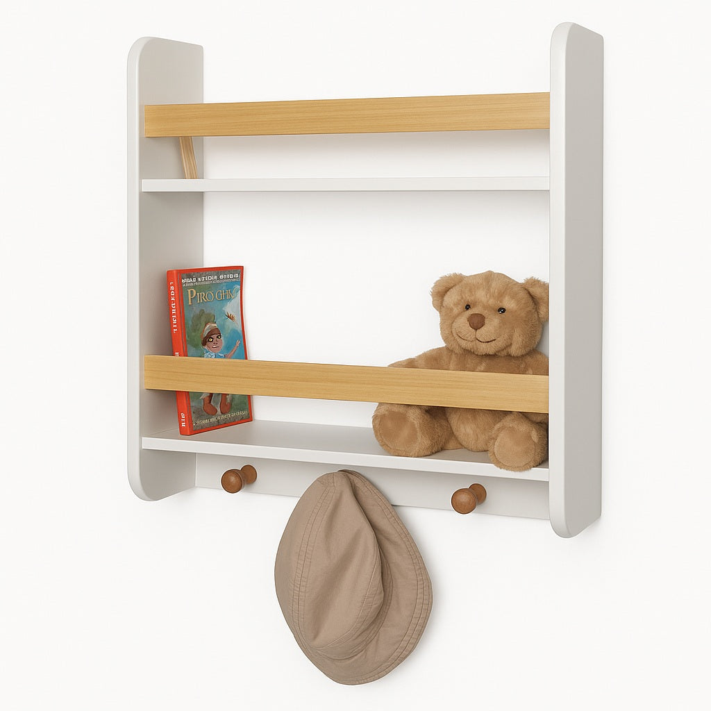 Стенна Детска Етажерка GINGER HOME – Бяла, с Рафтове и Закачалки