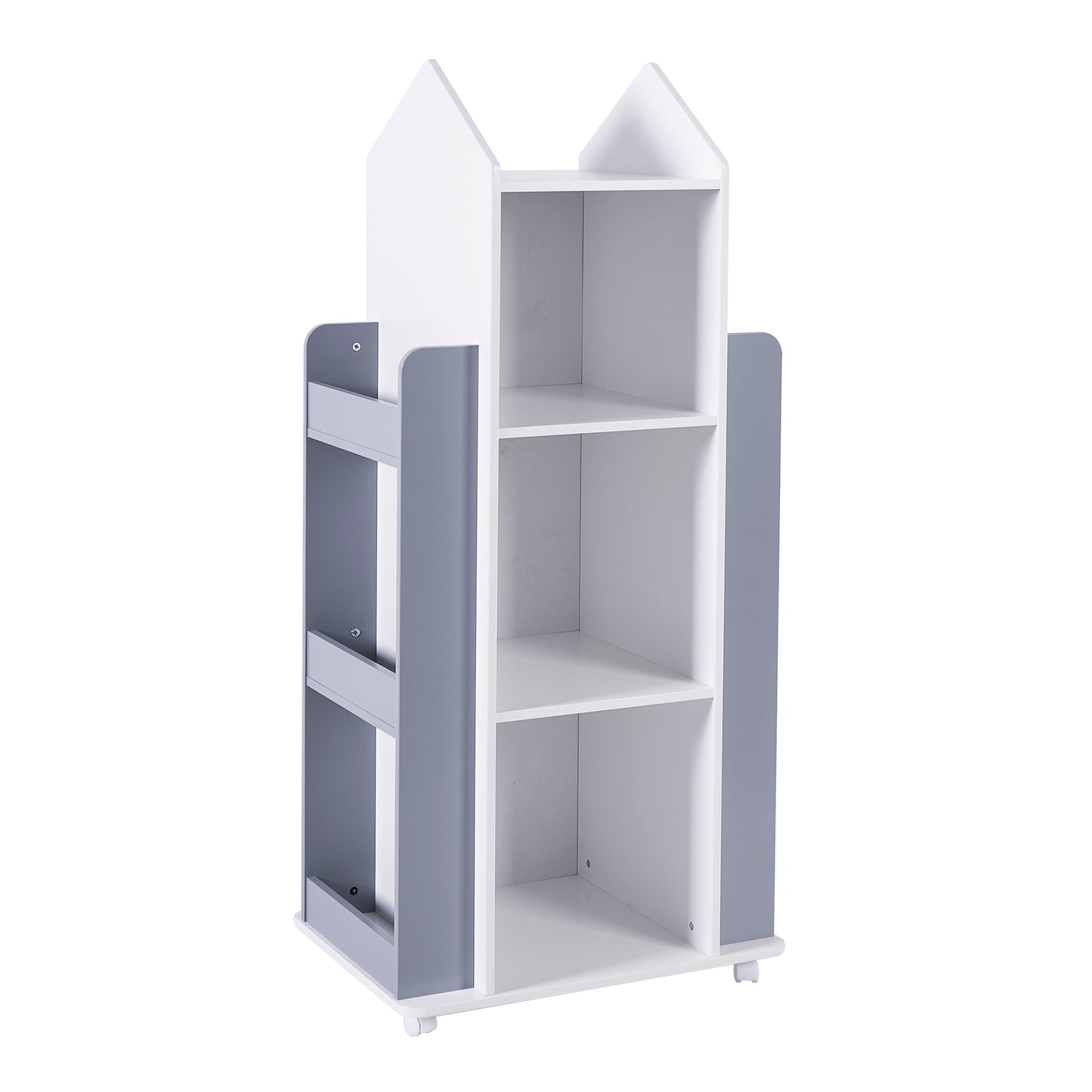 Libreria Bambini Girevole 360° in Legno ROCKET con 4 Ripiani – Scaffale per Libri e Giochi Bianco/Grigio