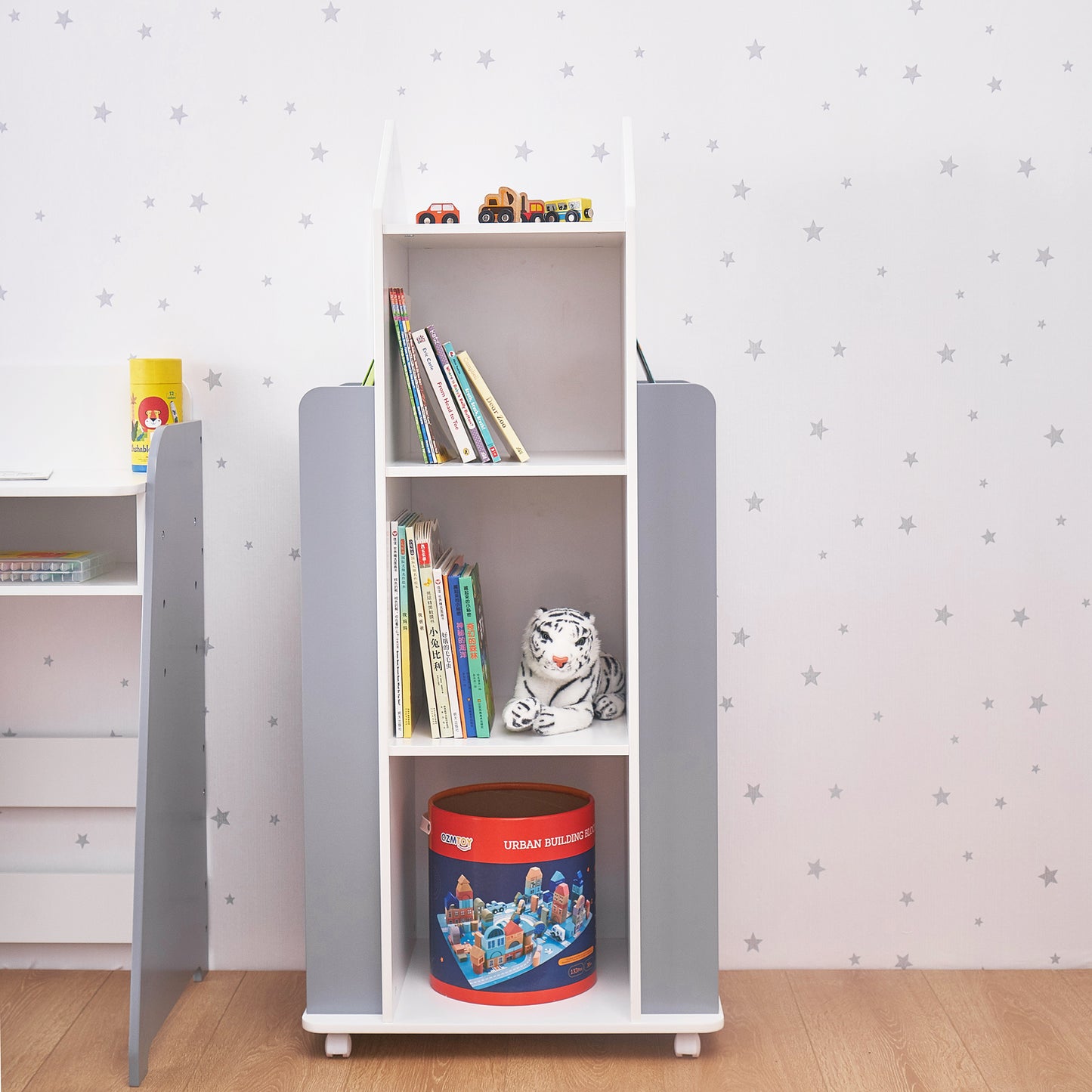 Libreria Bambini Girevole 360° in Legno ROCKET con 4 Ripiani – Scaffale per Libri e Giochi Bianco/Grigio
